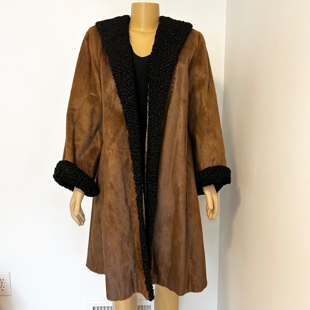 Vintage Alfred R. Rabin New York Women's Brown Lambswool Fur Trimmed Coat